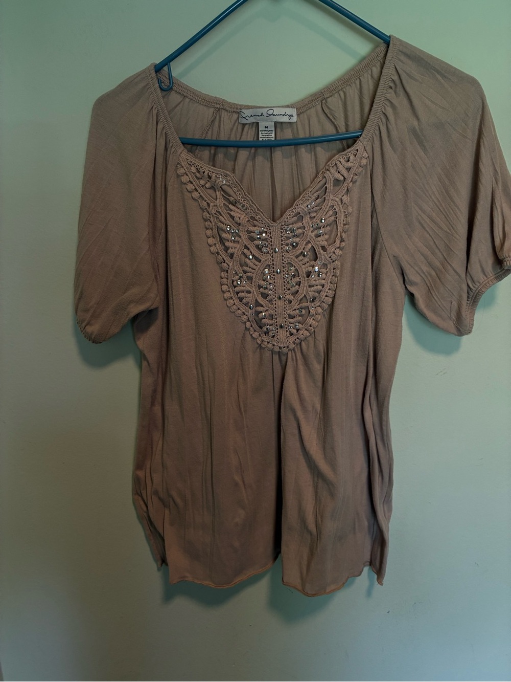 French Laundry Taupe Embellished V-Neck Blouse